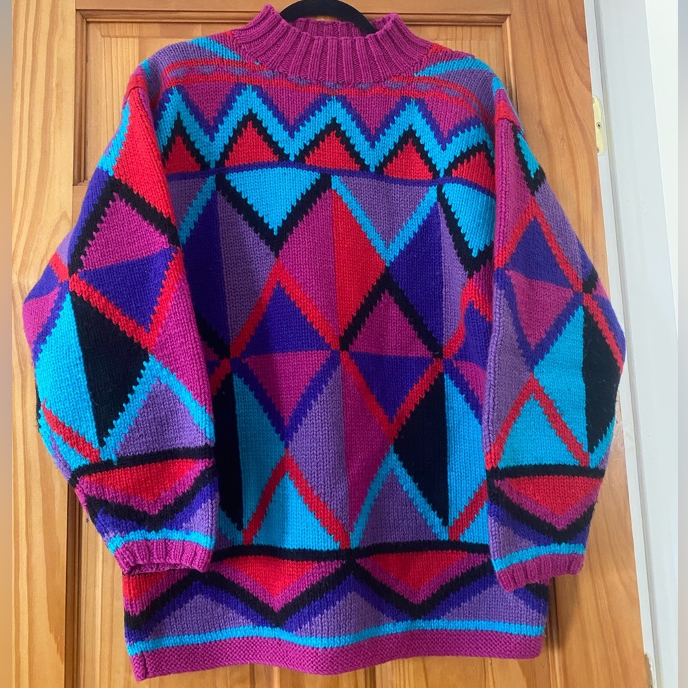 Vintage 90s Tyrolia Skiwear 100% Wool Geometric Ski Sweater Colorful Bold M